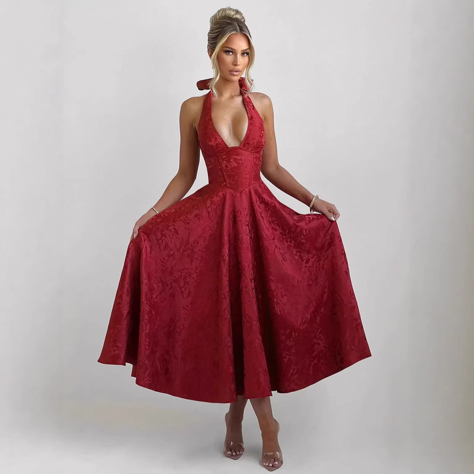 European And American Cross-Border V-Neck Halter Jacquard High-End Evening Spring Summer Elegant Sleeveless Backless_voghion.com