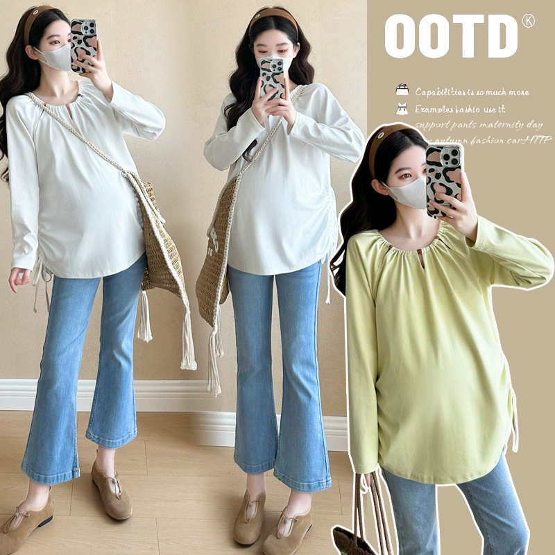 Одежда для беременных Весенний дизайн Чувство веревки с длинными рукавами топ 2025 новые беременные футболки весенняя минималистская повседневная одежда