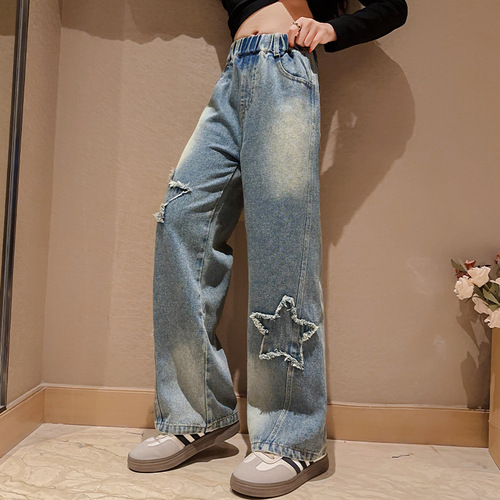 女童复古牛仔裤春秋新款洋气宽松阔腿裤中大童秋装儿童直筒裤