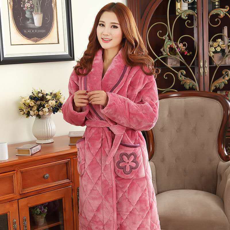 Women's Winter Three-Layer Thickeneded Velvet Long Pajamas Women's Coral Velvet Quilted Lace-Up Warm Bathrobe Thickeneded