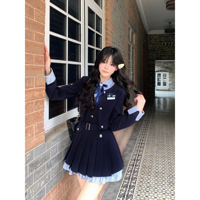 2026 Spring and Autumn Japanese Sweet Style Jk Uniform Fake Two-Piece Pleated Dress Blazer Academy Style Set