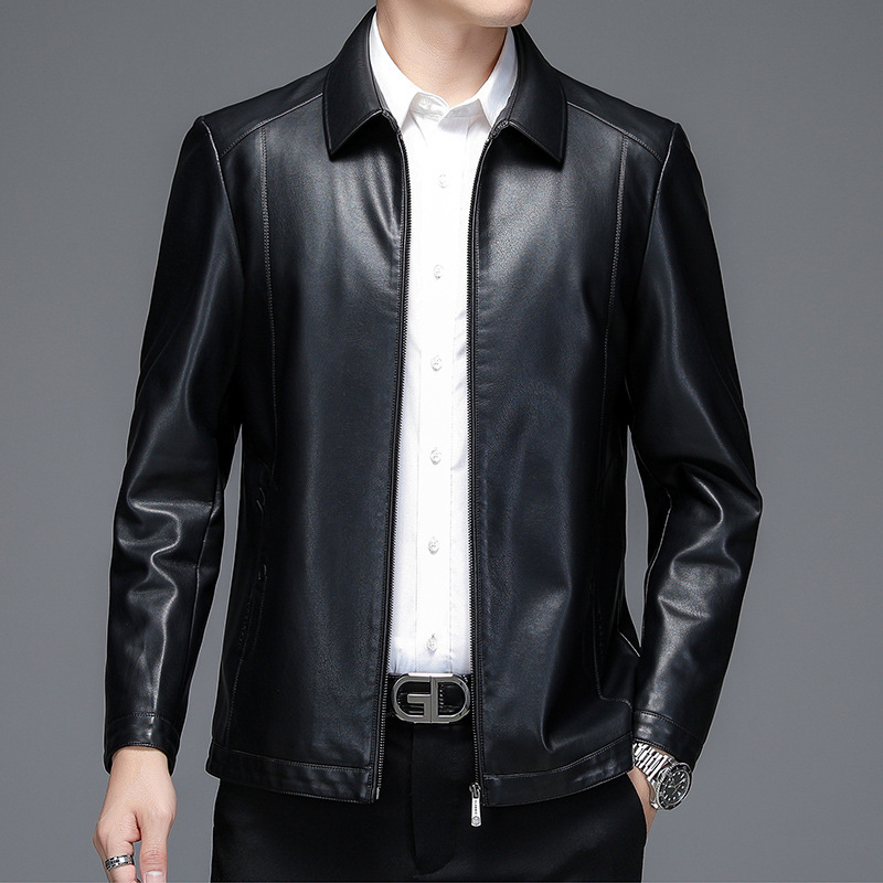 2024 Autumn Haining Genuine Leather Jacket Men's Slim Short Lapel Leather Jacket Middle-Aged and Elderly Men's Genuine Leather Jacket