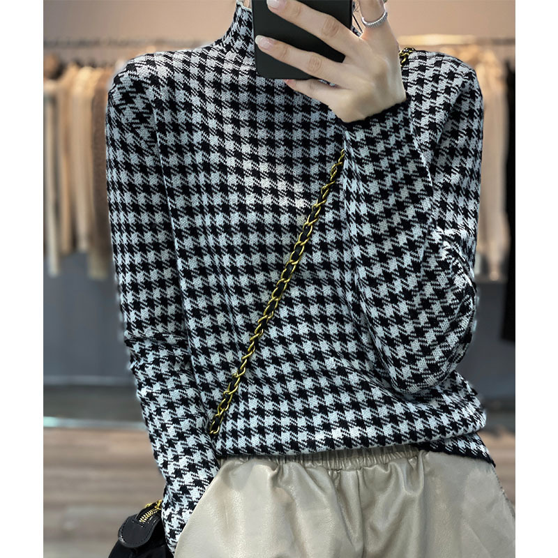 New autumn and winter 100 pure woolen sweater women's half-high pullover loose cashmere sweater knitted houndstooth slimming base