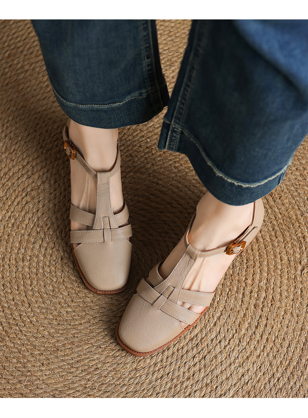 Sandal nữ quai ngang da cừu kiểu La Mã đế dày khoét lỗ dệt — Màu trắng nhạt chi tiết 8