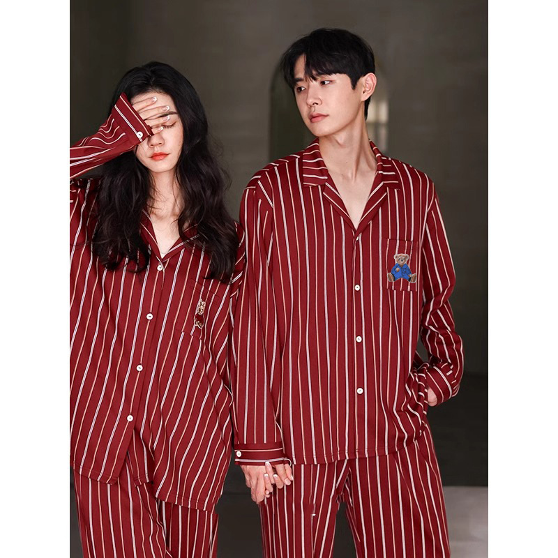 贝妍同款纯棉红色情侣睡衣新婚结婚套装春秋季长袖薄款男女家居服