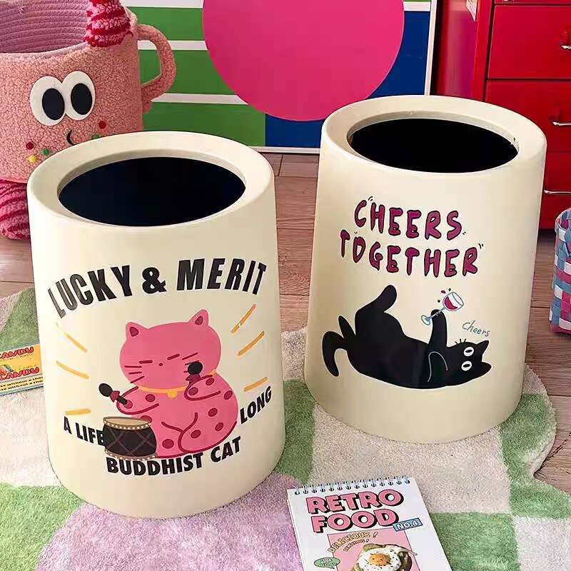 Drum Cat Lidless Trash Can, High Appearance, Large Capacity, Double-Layer Trash Can, Household Toilet Paper Basket, Ready for Delivery