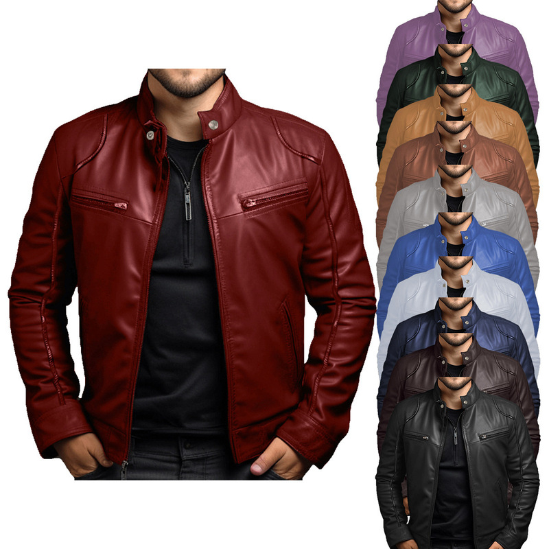 Foreign Trade Amazon European and American Men's Motorcycle Leather Jacket Men's Teenager's Collar Punk Leather Jacket Men's Batch Foreign Trade Amazon European and American Men's Motorcycle Leather Jacket Men's Teenager's Collar Punk Leather Jacket Men's Batch