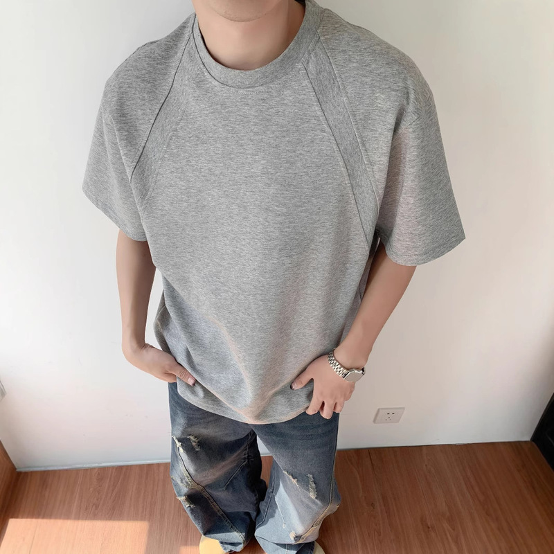 280g small neckline shoulder boxy short sleeve T-shirt men's American heavy short space cotton deconstruction stitching half sleeve