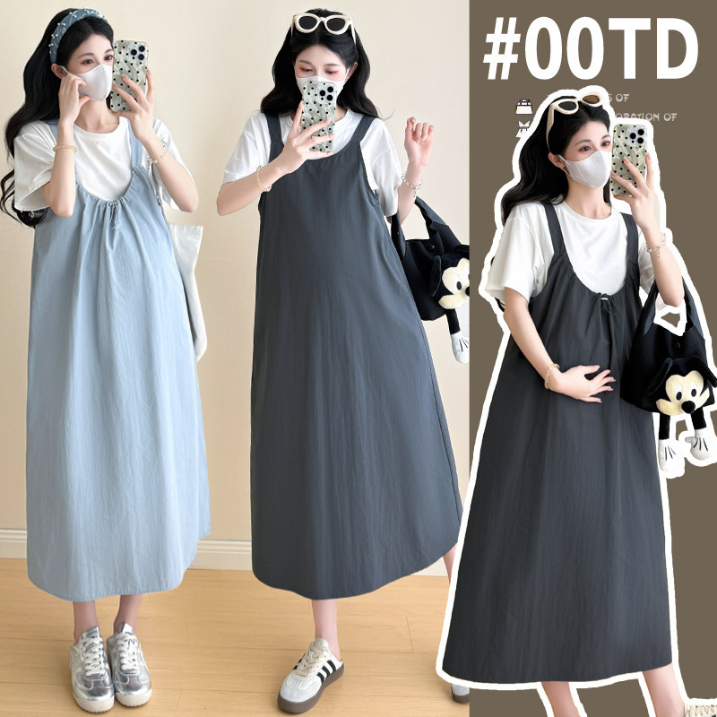 Maternity Wear 2025 New Summer Outer Wear Simple Front and Back Two-Wear Large Size Suspender Skirt + T-Shirt Two-Piece Dress