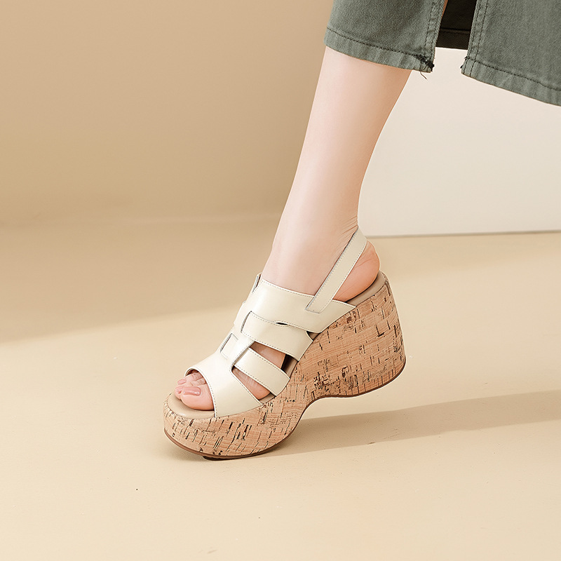 Sandal cao gót nữ hở mũi phong cách Bohemian đế xuồng dày — màu đen, màu trắng ngà