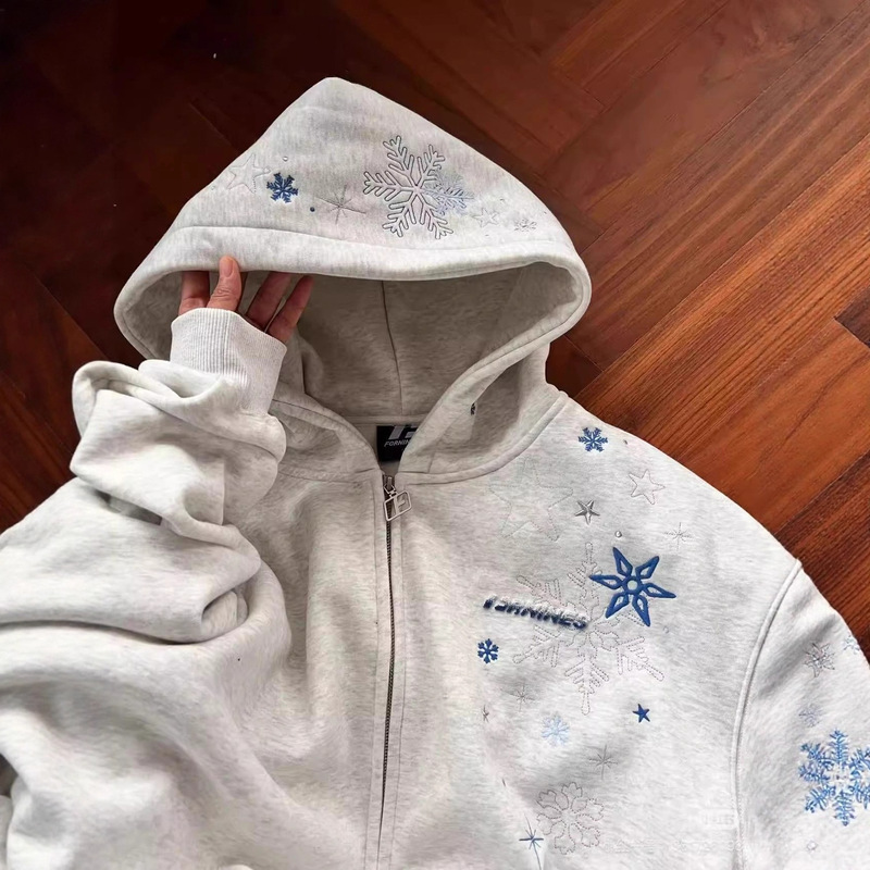 American-Style Snowflake Embroidery Hooded Zipper Thickened Sweatshirt Cardigan for Women, 2025 New Loose-Fitting Couple's Fleece Jacket