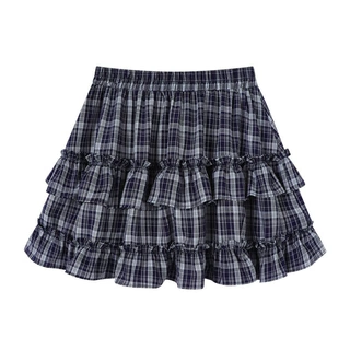 韩系甜美少女感半身裙夏季新款短裙小个子格纹高腰松紧腰蛋糕裙