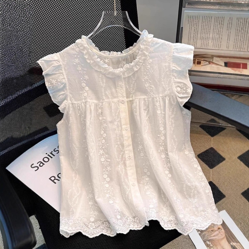Recommended for Self-Retention ~ French Embroidered Lace Round Neck Sleeveless Shirt for Women, Summer Style Baby Doll Shirt, Small Flying Sleeve Top Recommended for Self-Retention ~ French Embroidered Lace Round Neck Sleeveless Shirt for Women, Summer Style Baby Doll Shirt, Small Flying Sleeve Top