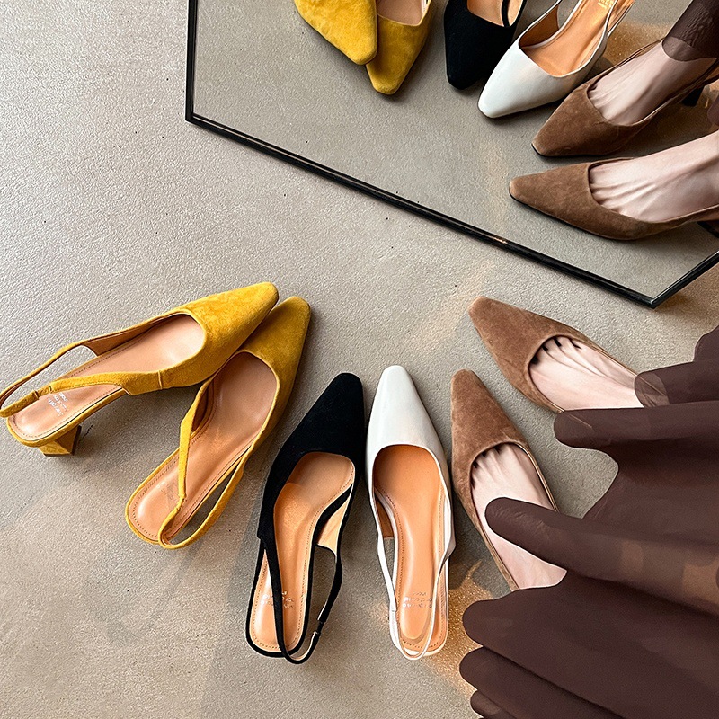 CHIKO Canvas Pointy Toe Block Heels Slingback Shoes