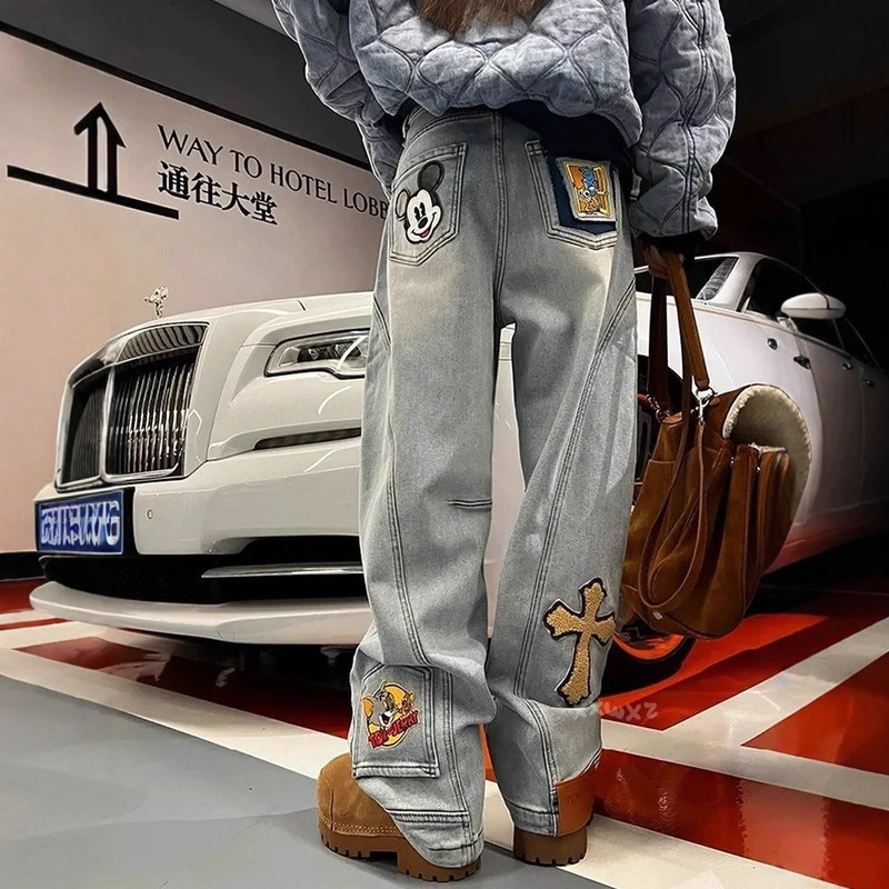 美式复古刺绣弯刀牛仔裤女2025新款宽松显瘦百搭香蕉阔腿长裤子潮|undefined