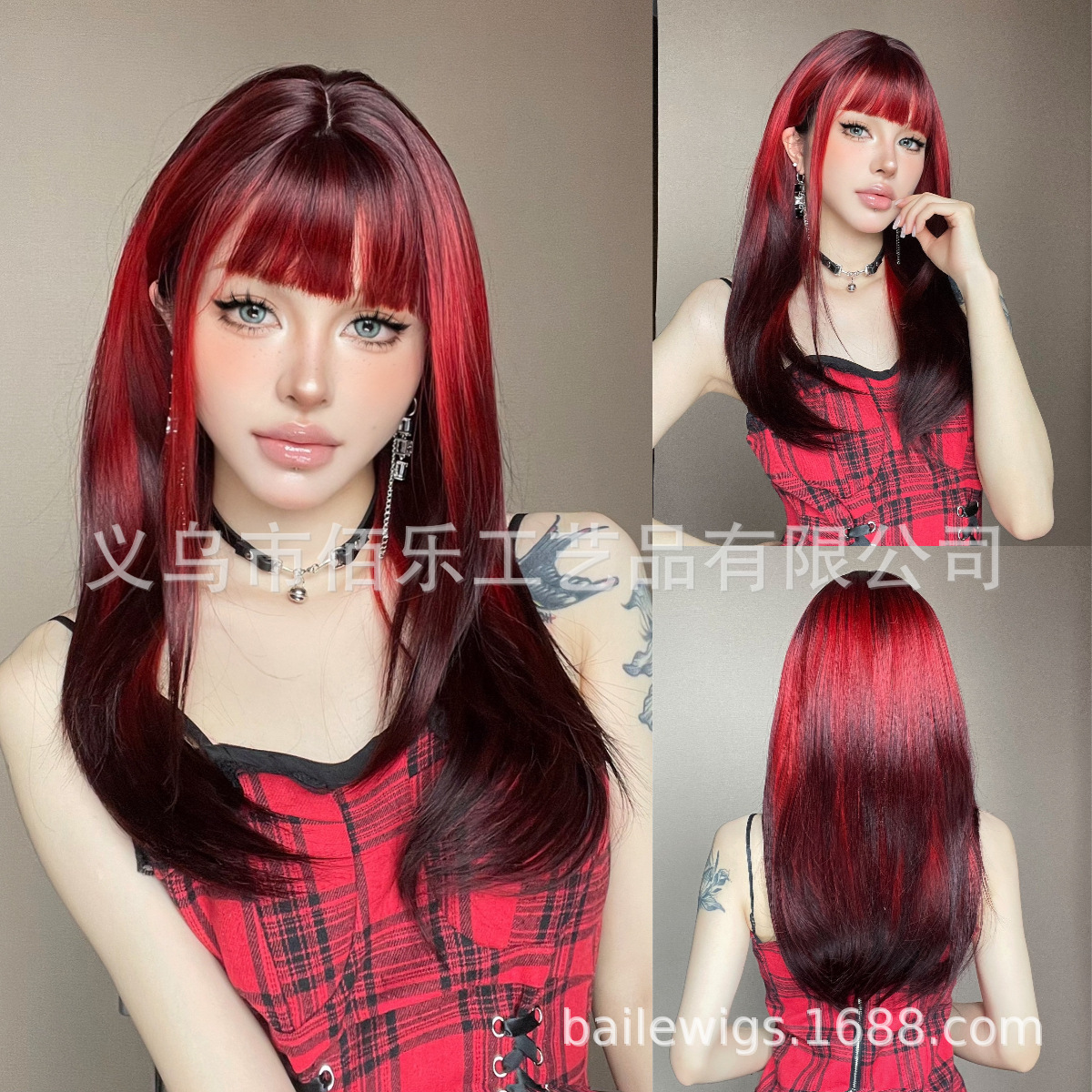 Nuevo negro Rosa flequillo larga recta gradiente de pelo fibra química SEDA NATURAL peluca femenina tocados pelucas fabricante en stock image 22