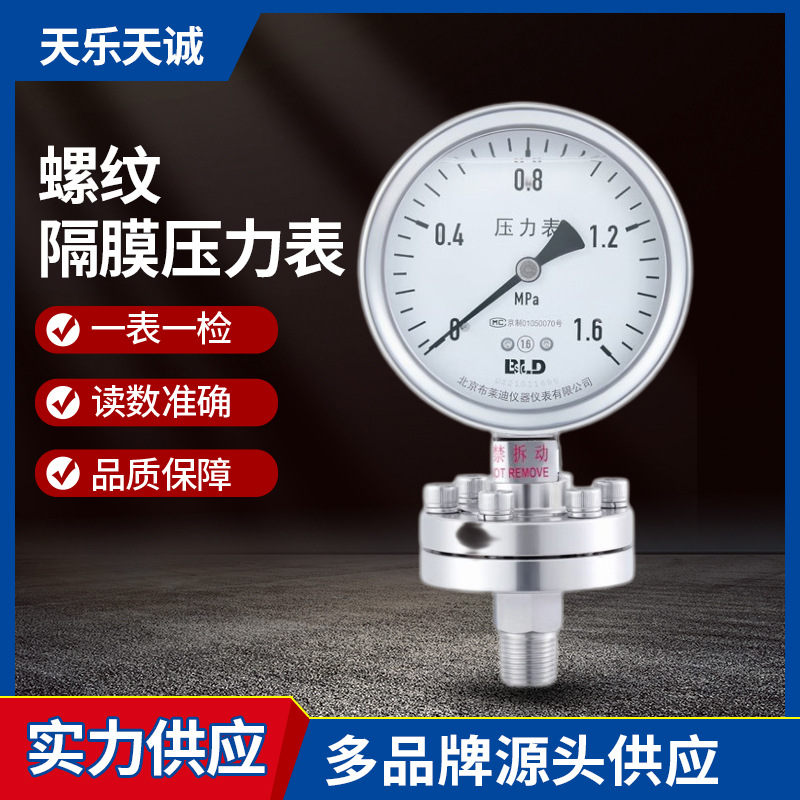 螺纹隔膜压力表PYTH-100.F0 0～6bar 1.6级 上接体304 下接体316