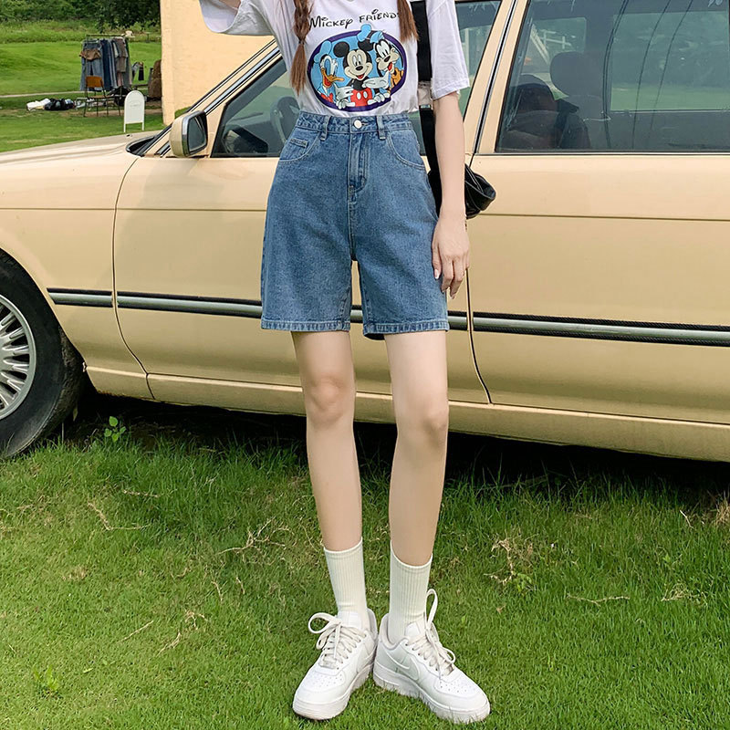 复古高腰五分裤女宽松显瘦大码阔腿百搭骑行牛仔裤休闲直筒中裤子