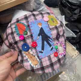 日系复古粉色格纹贴布纽扣装饰前进帽女古着感文艺休闲百搭贝雷帽