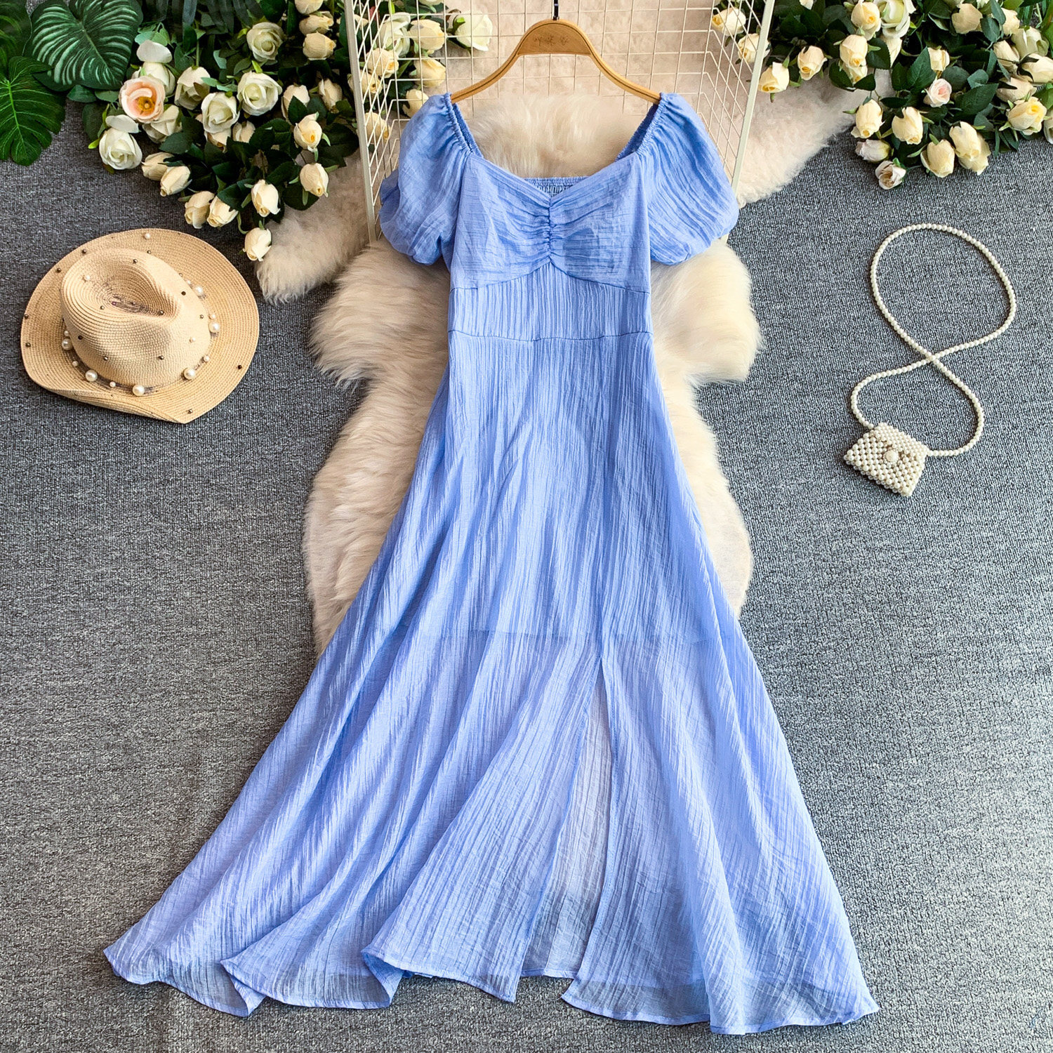 Women's French Style Elegant Square Neck Puff Sleeve Dress Casual Slit Long Skirt Pleated Waist Slimming Summer Style_ecoleips.com