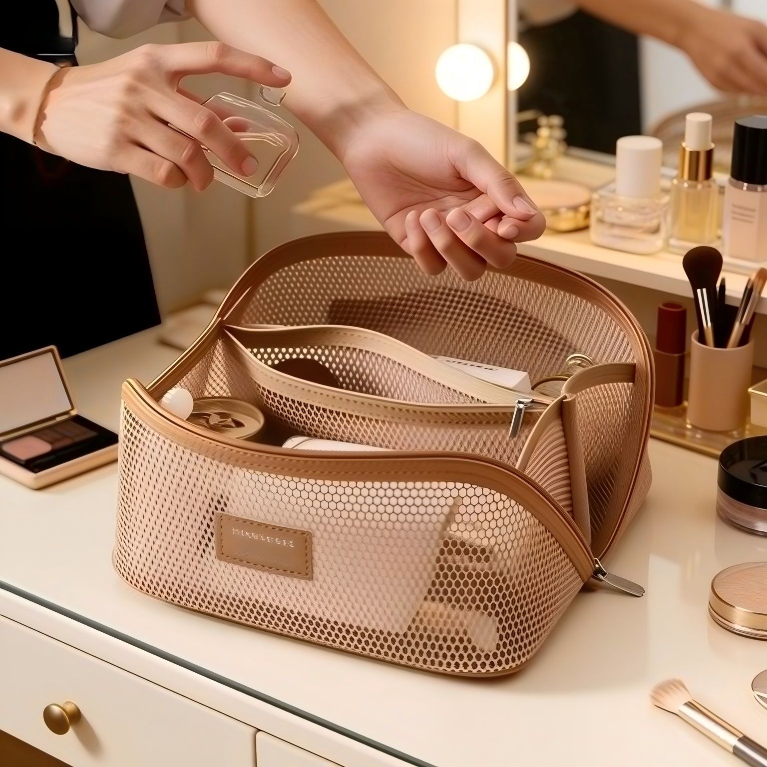 Nuevos productos transfronterizos de maquillaje de malla de gran capacidad de alta sensación de mano multifuncional de partición de viaje bolsas de almacenamiento de lavado para mujeres