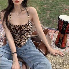 辣妹掛脖吊帶背心內搭外穿上衣女春季新款設計感小眾豹紋短款女