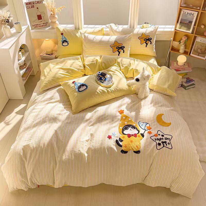 Class A Cotton Washed Cotton Dopamine Towel Embroidered Four-Piece Set Cute Cartoon Bed Sheet Bed Cover Bedding
