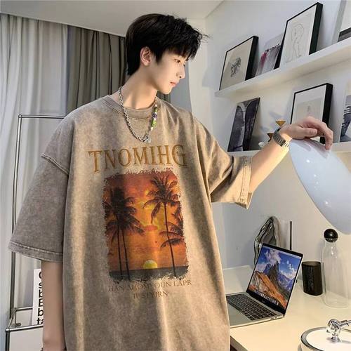 Men's Summer Supply Wash T-Shirt, Korean Style Trendy Print Half-Sleeve Top, Loose Casual Streetwear Brand