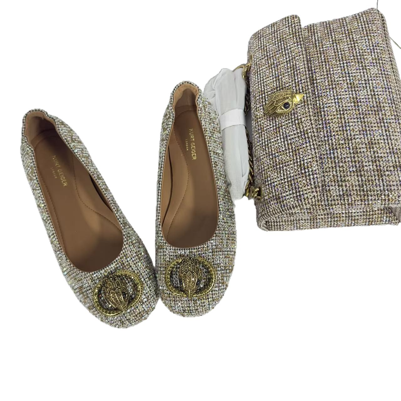 Kurt Geiger qadın başmağı, houndstooth naxışlı, rhinestone bəzəkli