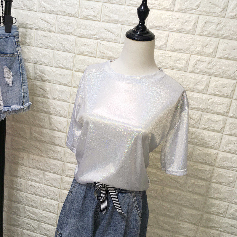 Color-Changing Reflective Shiny Women's Short-Sleeved T-Shirt Square Dance T-Shirt Loose Large Size Mid-Length Glitter Silk Performance Clothing