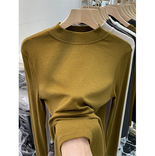 2024 New Autum Threaded Pure Color Slimming Look Half Turtleneck Modal Bottoming Shirt for Women Loose and Versatile Long-Sleeved T-Shirt