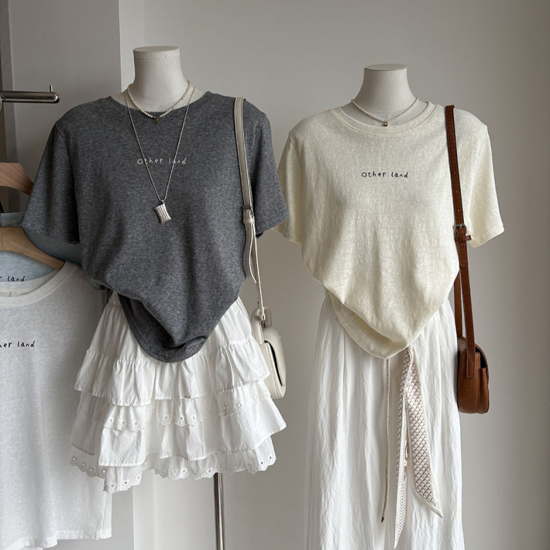 [Bizheng] 2026 Summer New Product Korean Style Round Neck Thin Breathable Letter Print Versatile Short-Sleeved T-Shirt for Women 6568