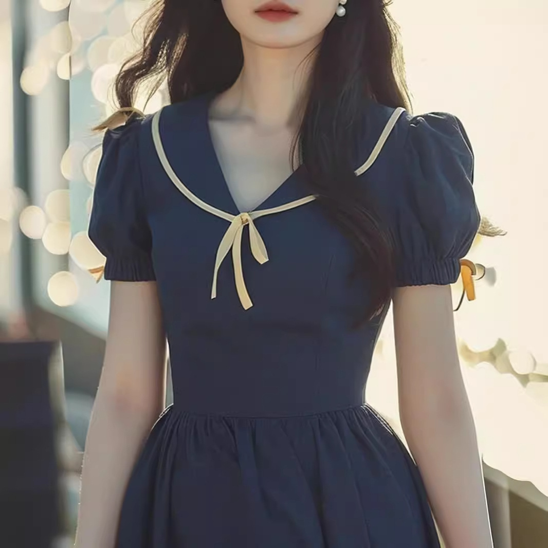 Đầm maxi nữ cổ búp bê xanh navy dáng dài thắt eo mùa hè FL240651 — Màu xanh lam đậm