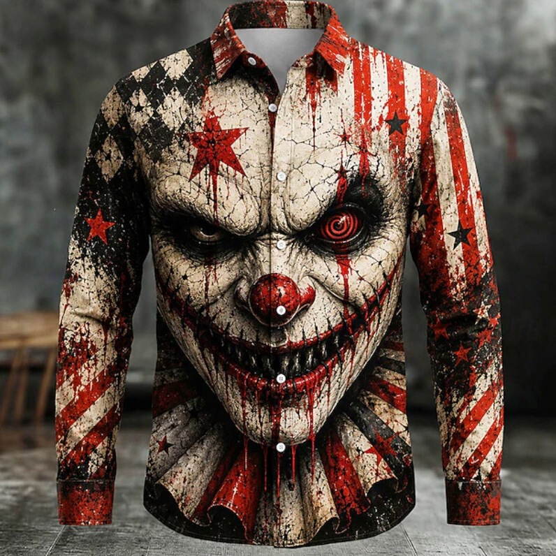 Halloween Collection 2026 Cross-Border Independent Station Personalized Fashion Long-Sleeve Shirt with Clown 3D Print, Loose Fit, Plus Size Halloween Collection 2026 Cross-Border Independent Station Personalized Fashion Long-Sleeve Shirt with Clown 3D Print, Loose Fit, Plus Size