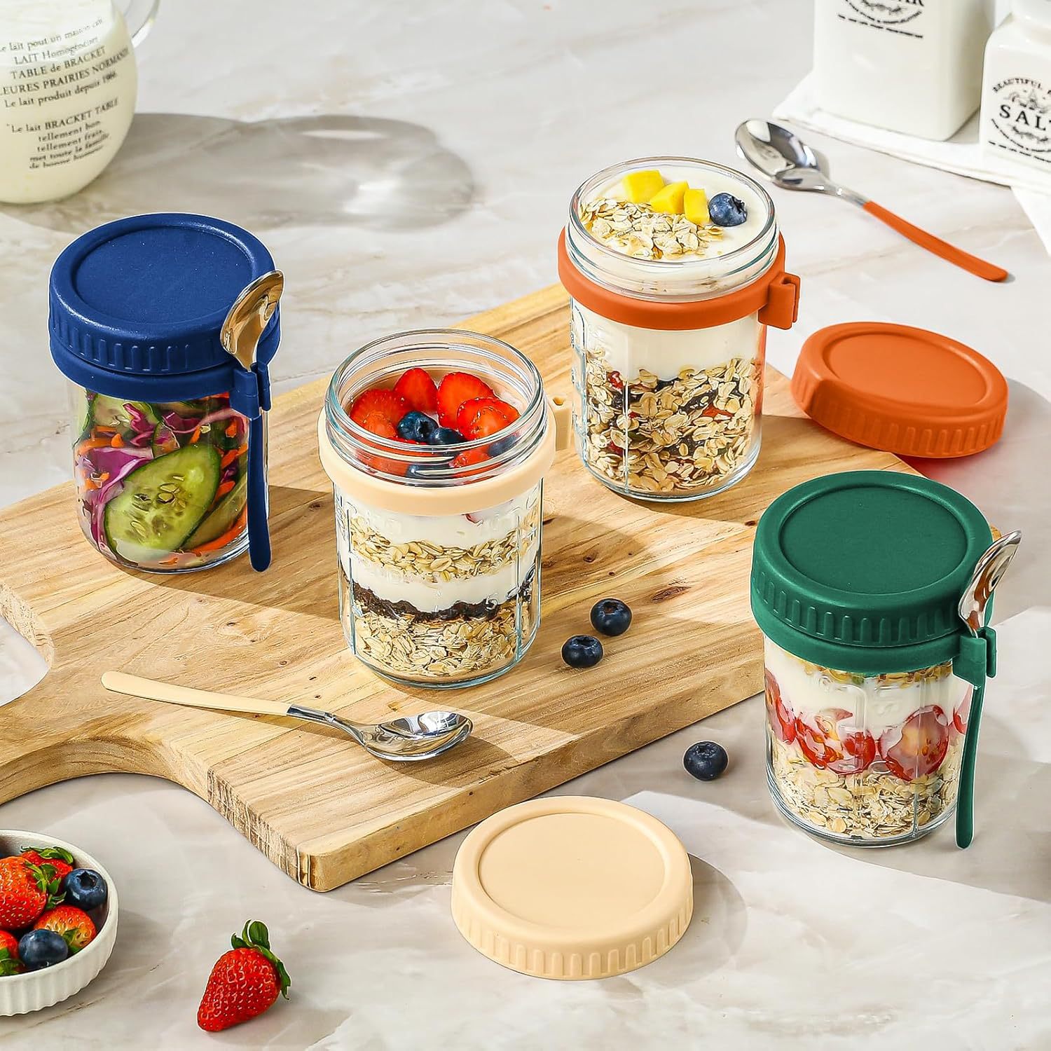 Amazon Overnight Oats Glass Cup with Lid and Spoon, Mason Cup, Sealed Breakfast Cup, Salad Jar, Yogurt Cup