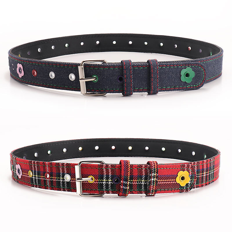 American Style Hot Girl Dopamine Belt for Women Y2K Eyelet Flower Women's Belt Plaid All-match Jeans Decorative Belt