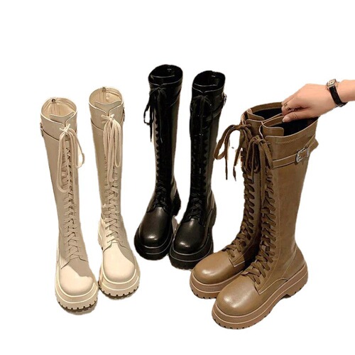 Boots, long boots, women's summer boots, new autumn white thick-soled boots, thick-leg lace-up high-top Martin boots