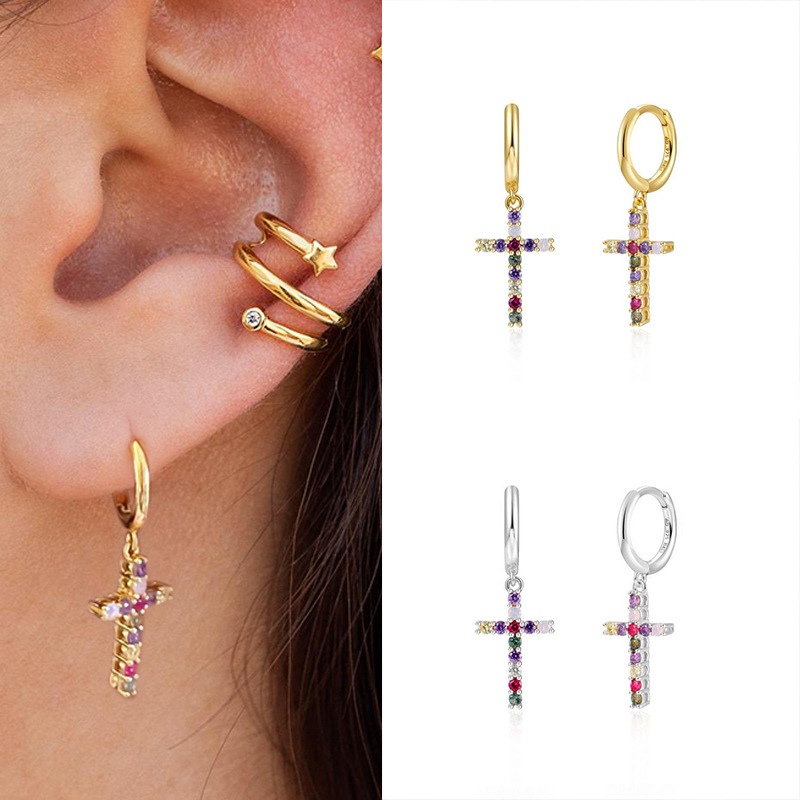 Europa Y América Cruz Frontera De Plata De Ley Aguja De Moda Cruz Incrustada Zircon Cristales Coloridos Pendientes Femeninos Modernos Pendientes Personalizados display picture 1