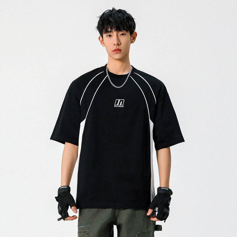 Contrast Color Split Patchwork Design Short-Sleeved T-Shirt for Men, Summer Pure Cotton Texture Embroidered Sports T-Shirt, Trendy Brand Half-Sleeve Q Contrast Color Split Patchwork Design Short-Sleeved T-Shirt for Men, Summer Pure Cotton Texture Embroidered Sports T-Shirt, Trendy Brand Half-Sleeve Q