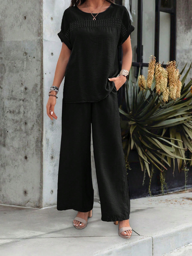 455g Weight Half Sleeve, Half Sleeve Sleeve Length Spandex, Polyester Fabric Type Low Waist Waist Line Short Top Length Pant Co-ord Set, Pant Co-ord Set Sets Type 2 Pieces Set Quantity Casual, Daily Occasion Round Neck, Round Neck Neckline Loose, Loose Fit Type Stripe, Solid Color Pattern Summer, Spring, Autumn Season Women's Gender Hollow Out Design Streetwear, Streetwear Style Apricot Color KaiKuO Women's Fashion Independent Station 2024 Spring Summer Export Casual Fashion Solid Color Short Sleeve Long Pants Hollow Out Set 32