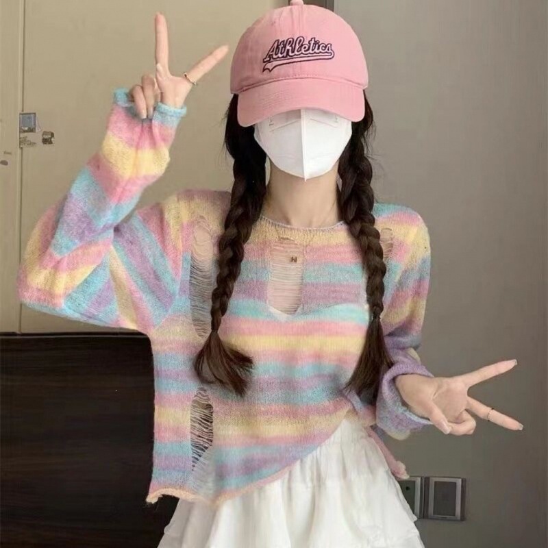 Spring and Summer Rainbow Striped Knitwear for Women, Sun Protection, Korean Style, College Style, Ripped Round Neck, Long-Sleeved Knitwear, Women's Thin Style