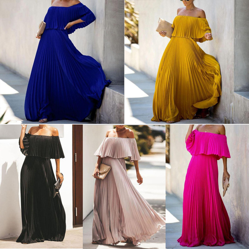 2023 summer new women's chiffon solid color long dress sexy off-the-shoulder wrap chest pressure folding temperament party dress