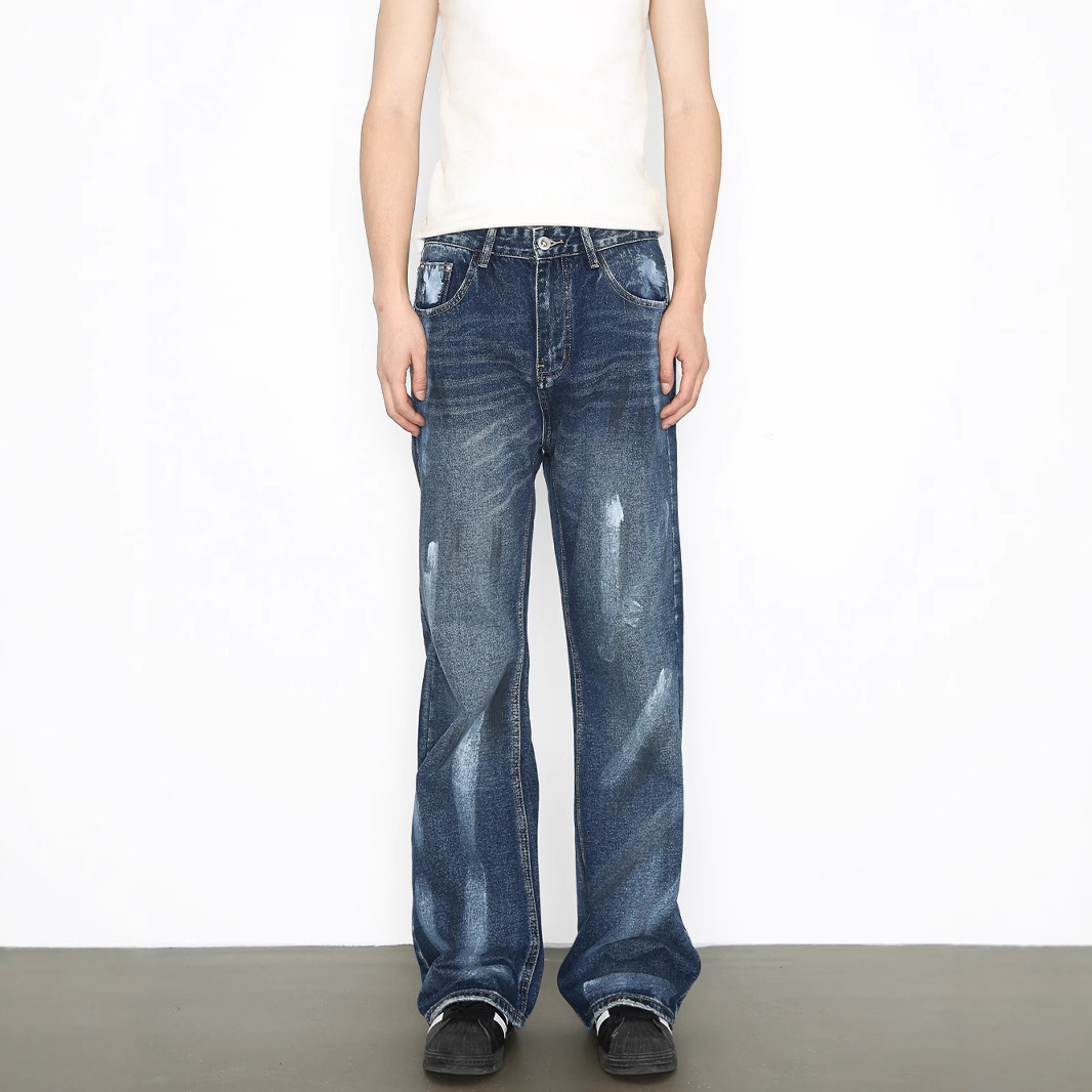Hand-Painted American Style Straight-Leg Jeans For Men - Vintage Washed Denim Pants With Flared Hem, Comfortable Cotton Blend Fabric_mkmklike.com