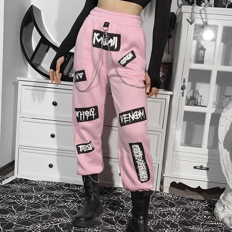 High Waist Letter Print Chain Decorated Sweatpants NSGYB97803
