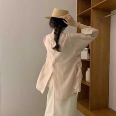 サイドドローストリング、バックスリット入りテンセルシャツ レディース 2023春夏 韓国風 カジュアル 万能 ゆったり 日焼け防止 長袖シャツ