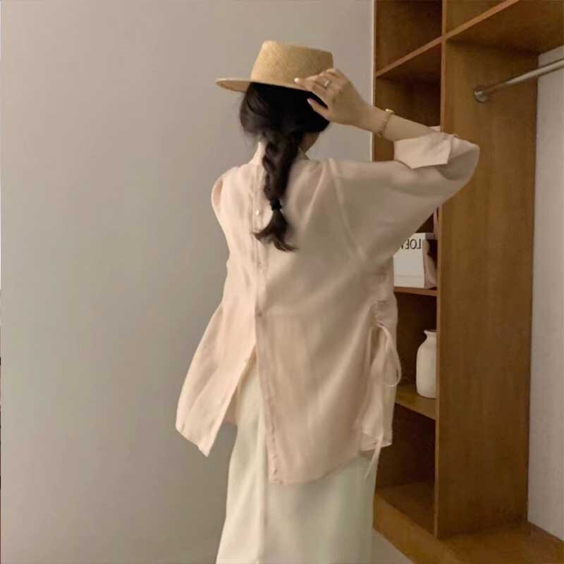 Side Drawstring Back Slit Tencel Shirt for Women 2023 Spring and Summer Korean Style Casual Versatile Loose Sun Protection Long-Sleeved Shirt