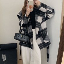 黑白格子连帽双面羊绒大衣女小个子韩系减龄时尚洋气羊毛呢外套