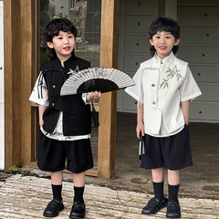子供の竹の葉刺繍ベストシャツ夏新国民スタイル子供服男の子トップスショーツ韓服スーツ