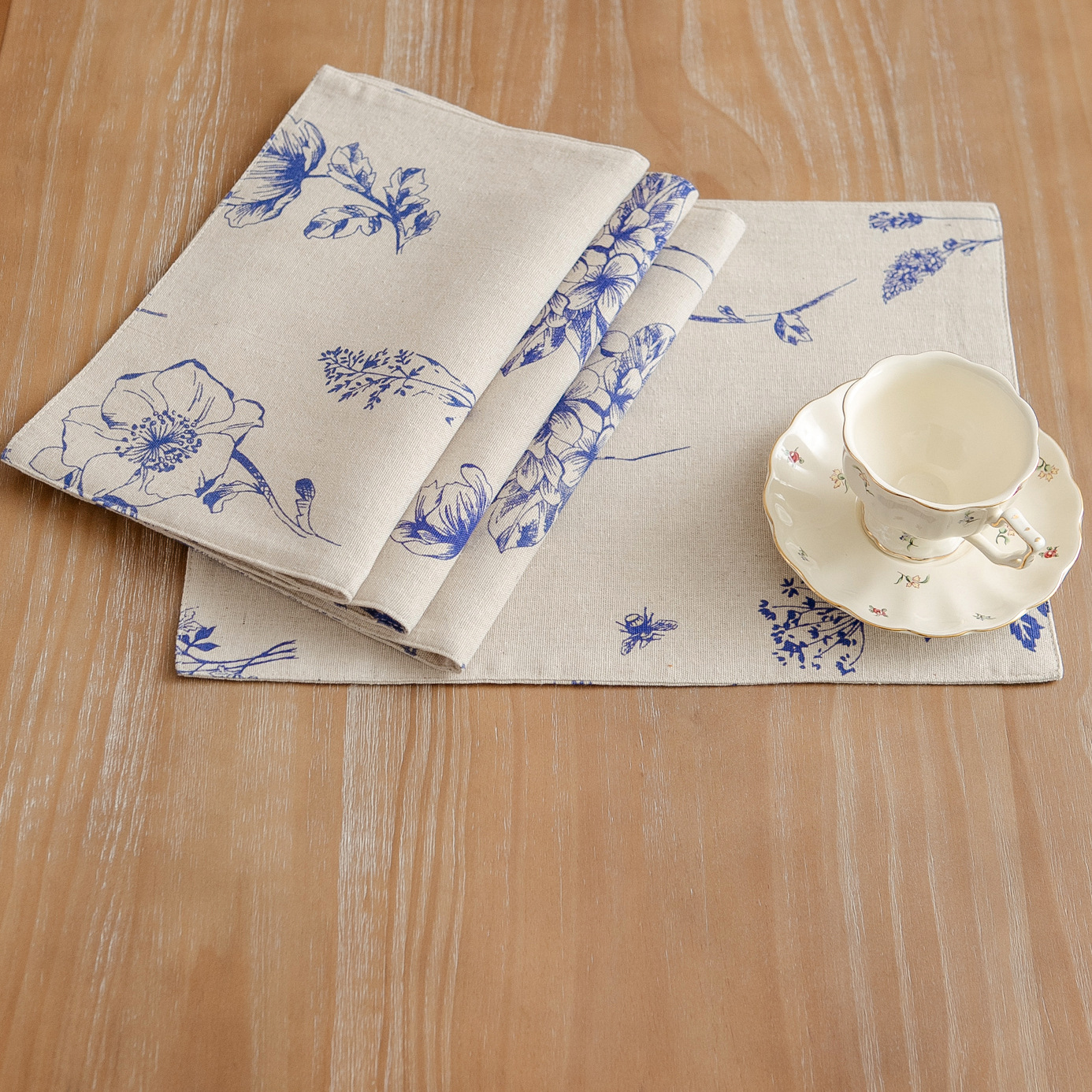 伊缦琪韵餐垫蓝色素描花朵印花餐垫布艺棉麻餐垫杯垫西餐垫双层