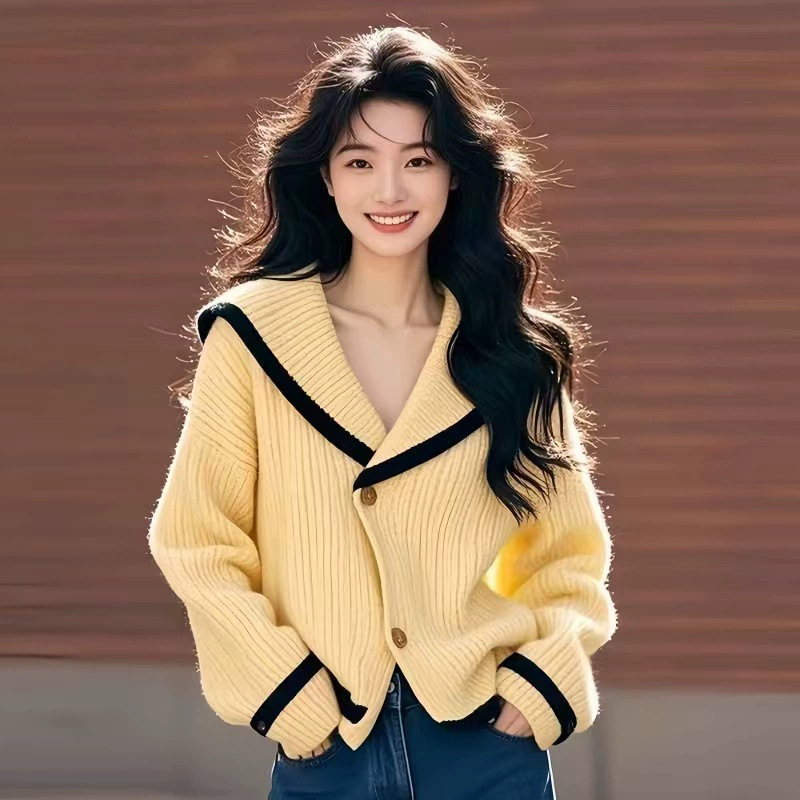 Yellow Sweater for Women 2026 Autumn and Winter New Style Navy V-Neck Loose Long-Sleeved Cardigan Knitted Outerwear Lazy Style Top